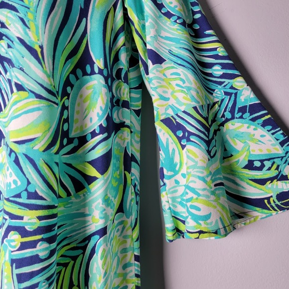 Lilly Pulitzer Ophelia Dress Sm Bell Sleeve Rayon Spandex Green Blue Leaf Print - Picture 2 of 8